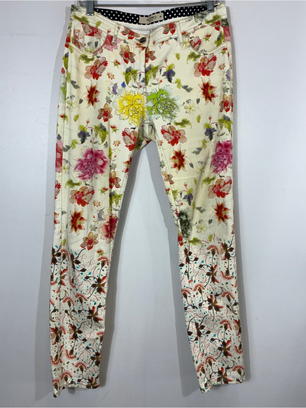 ETRO Floral Jeans Cream Multicolor Graphic Print Pants Size 30
